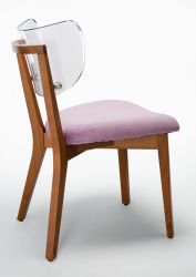 Chaise en bois design moderne transparent - Structure MONOBLOC Frêne teinté CHÊNE - Velours rose Glycine - SURI WOOD